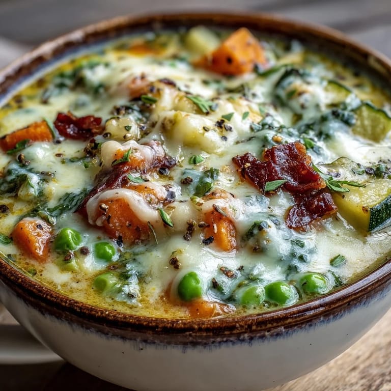 Close-up of Creamy Garlic Parmesan Veggie Soup topped with extra grated Parmesan and cracked pepper, showing creamy texture and colorful diced vegetables.
