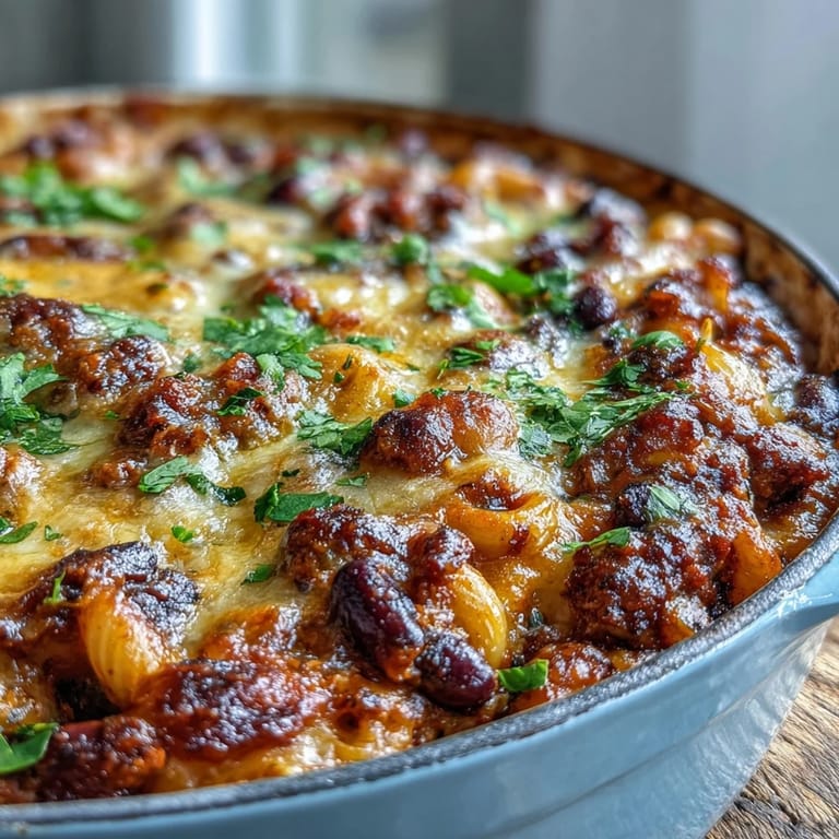 A hearty spoonful of Baked Ranch Turkey Chili Mac garnished with fresh cilantro and a dollop of sour cream.