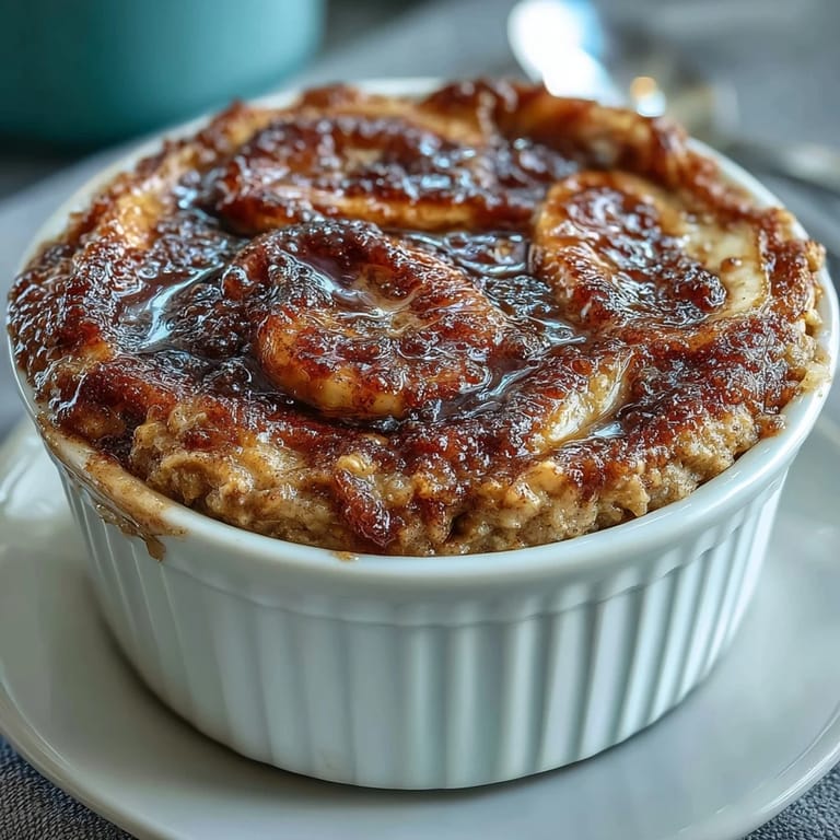 Fresh banana slices and a dollop of Greek yogurt sit atop the warm Cinnamon Swirl Protein Banana Baked Oats breakfast.