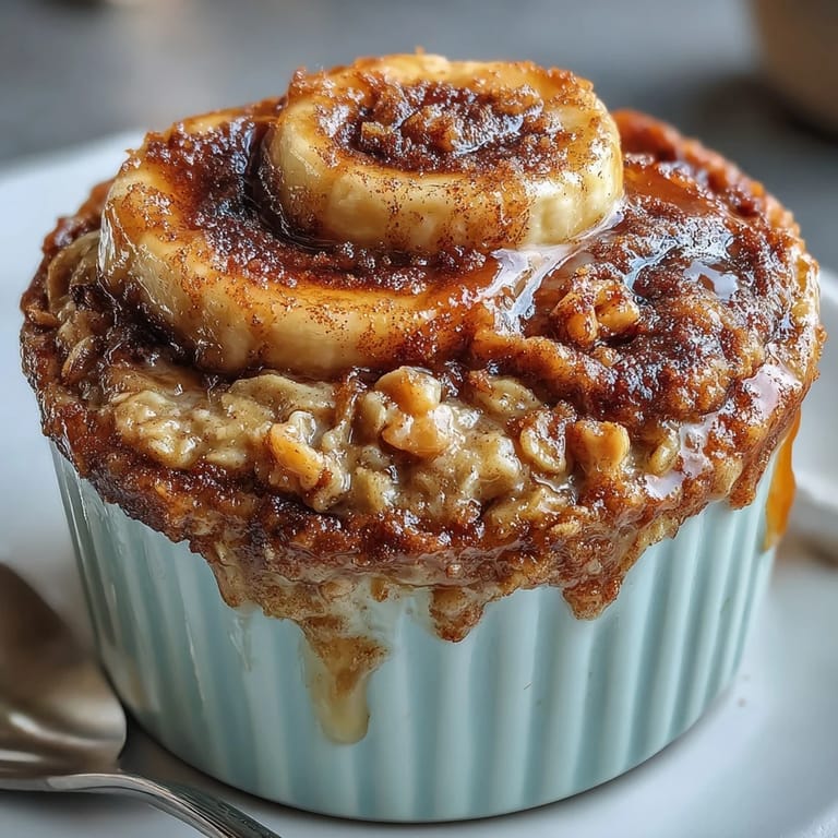 A spoon lifts a serving of Cinnamon Swirl Protein Banana Baked Oats, revealing the fluffy, protein-packed interior.