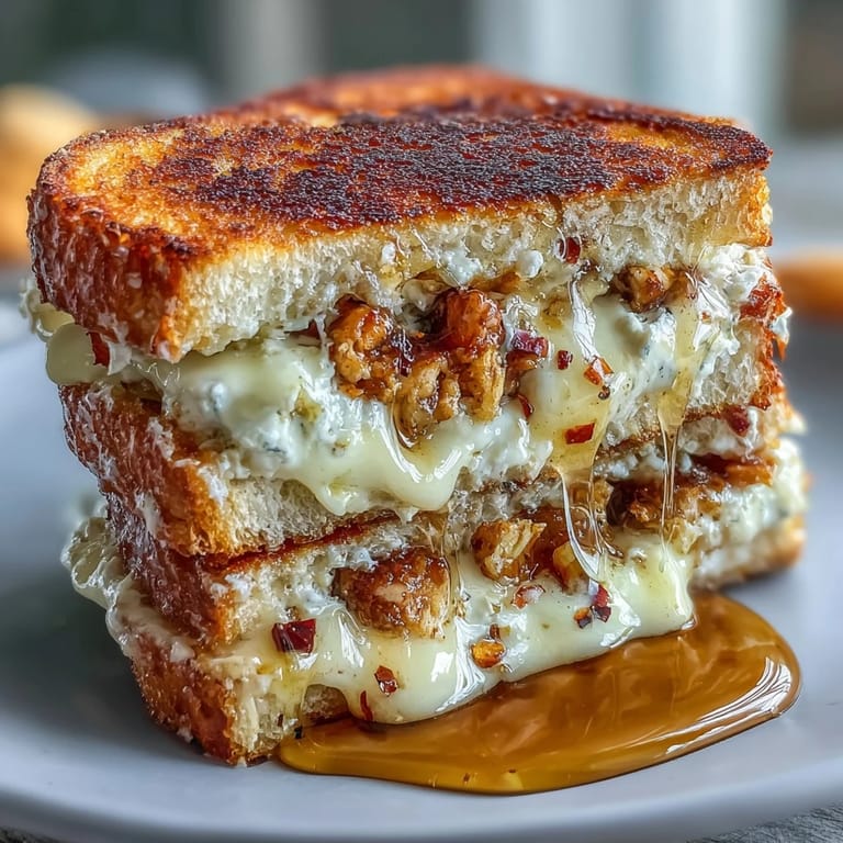 Toasted sourdough and a scattering of chili flakes top the Goat Cheese & Hot Honey Chicken Grilled Cheese, highlighting the sweet and spicy filling.