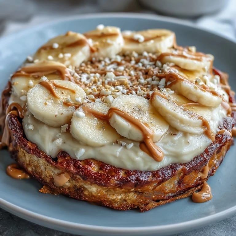 Golden-baked pancake base for a High-Protein Breakfast Pizza Bowl, finished with banana slices and chia seeds.