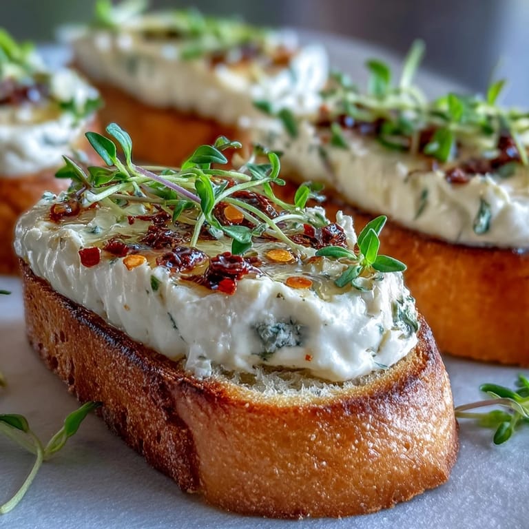 A close-up of hot honey goat cheese crostini on a serving platter, with visible red pepper flakes and chives garnish.