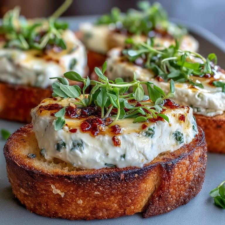 Freshly baked hot honey goat cheese crostini arranged on a wooden board, ready to serve as an elegant appetizer.