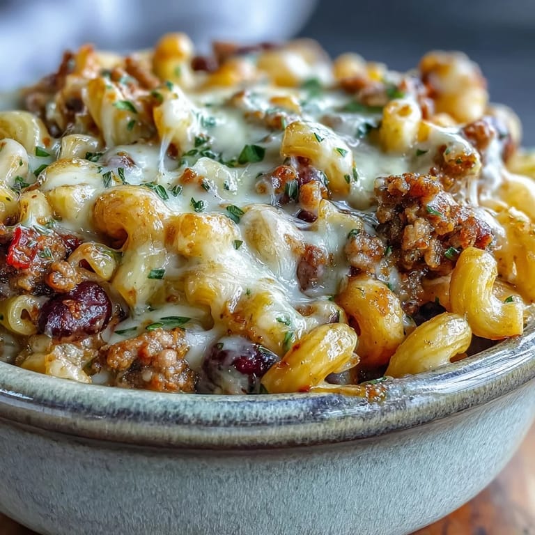 A spoon lifts a hearty serving of Baked Ranch Turkey Chili Mac with beans from a Dutch oven, steam rising.
