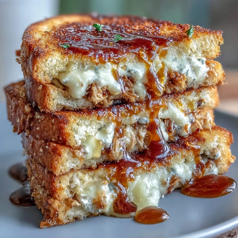 A warm Goat Cheese & Hot Honey Chicken Grilled Cheese, drizzled with spicy honey and served next to a fresh green salad.
