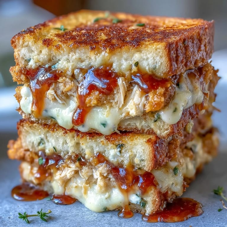 Hearty Goat Cheese & Hot Honey Chicken Grilled Cheese, sliced in half to show tender shredded chicken and tangy goat cheese filling.