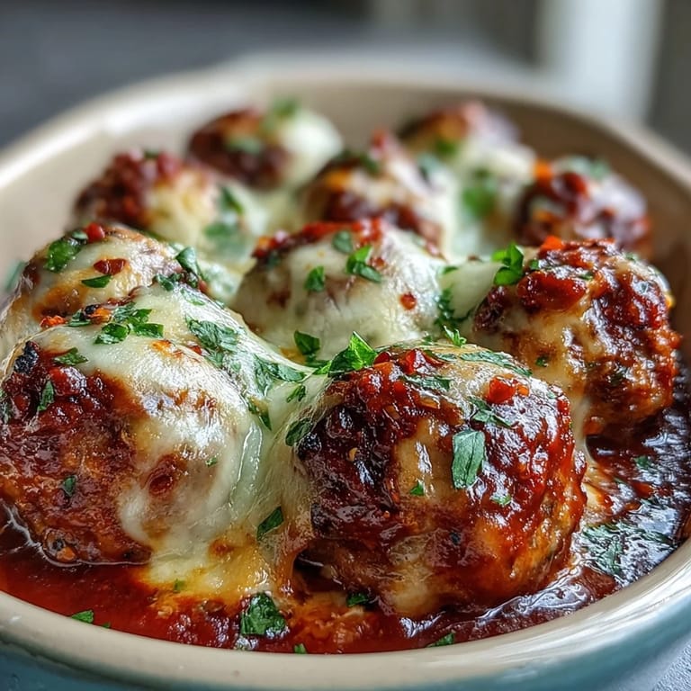 Oven-baked spicy chicken parm meatballs with golden cheese crust, resting in a ceramic baking dish next to a bowl of spaghetti.