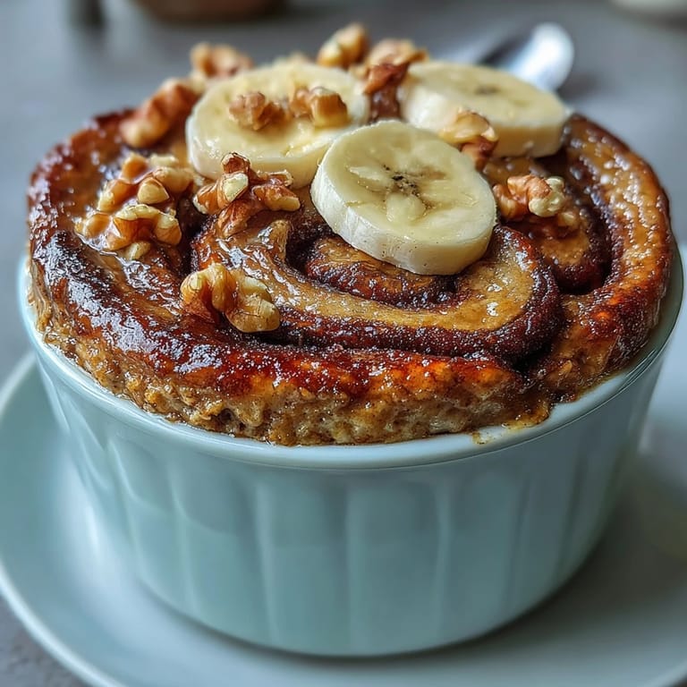 Golden-brown Cinnamon Swirl Protein Banana Baked Oats freshly baked in a ceramic dish, revealing a fluffy texture with a visible cinnamon ribbon in the center.