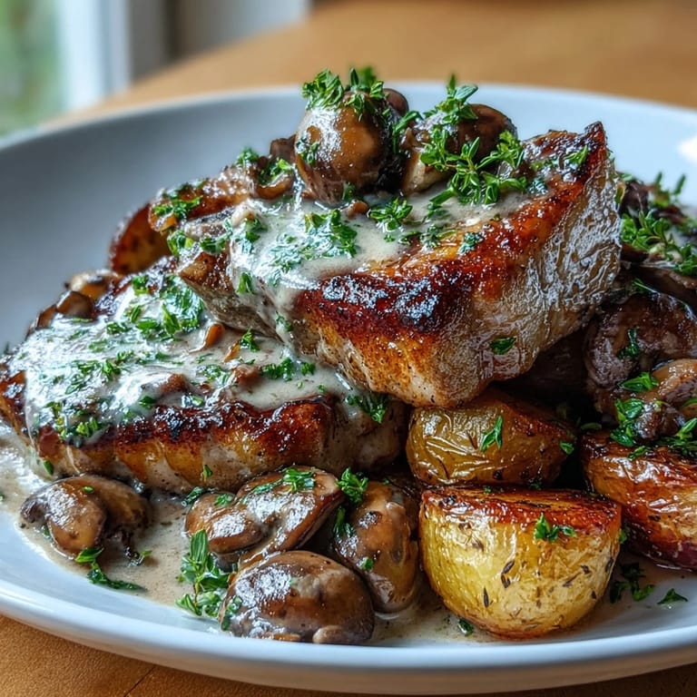 Juicy Keto Creamy Mushroom Pork Chops topped with parsley alongside golden roasted radishes, perfect for a low-carb family meal.
