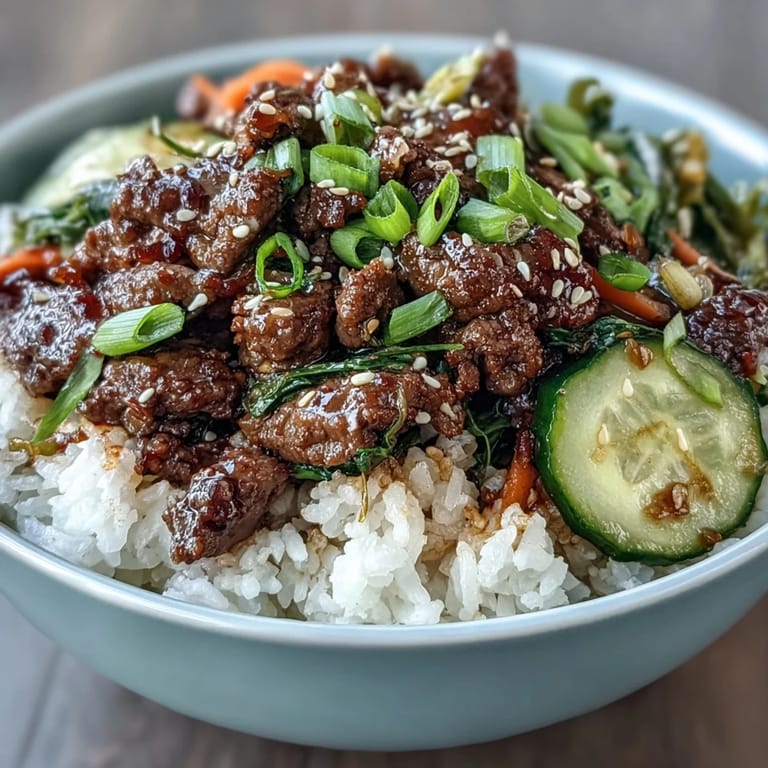 Flavorful Korean beef bowl with sesame-seasoned ground beef, crisp pickled veggies, and a sprinkle of green onions on rice.  