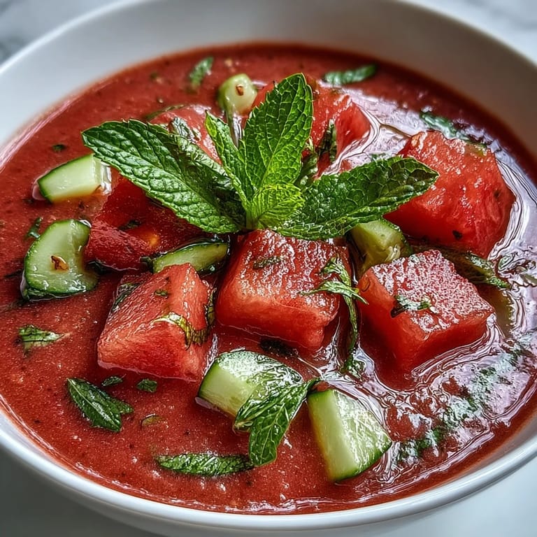 Silky smooth vegan gazpacho with bright red bell pepper, red onion, and fresh mint, served ice-cold in a white bowl.