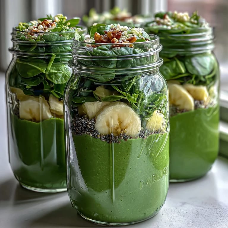 Bright green smoothie jars packed with spinach, banana, and pineapple, ideal for easy, on-the-go healthy meals.
