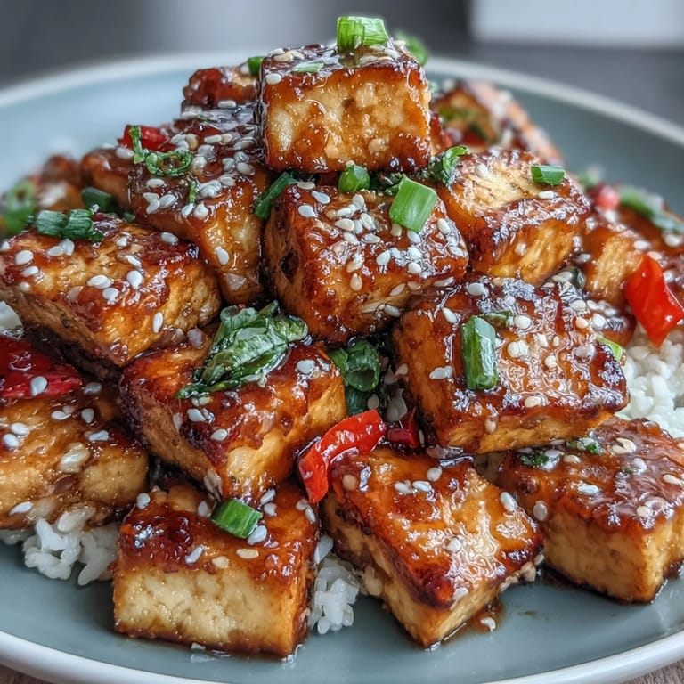 Sizzling sesame tofu and mixed vegetables stir-fried with rice in a fragrant Asian-inspired sauce.  
