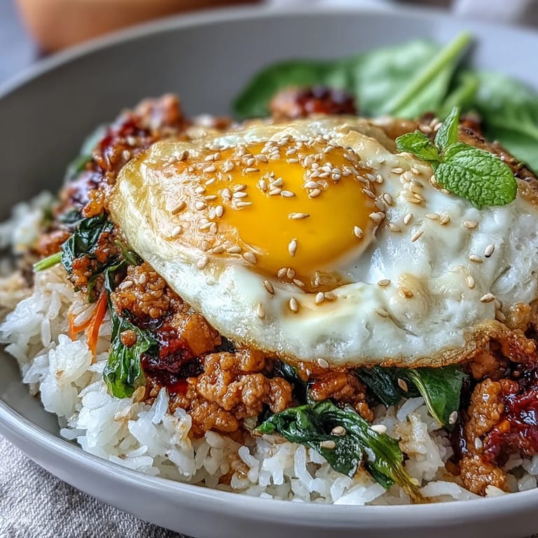 A comforting one-pan meal featuring savory turkey simmered in Korean-style sauce, mixed with rice and vegetables, finished with a luscious soft-boiled egg.