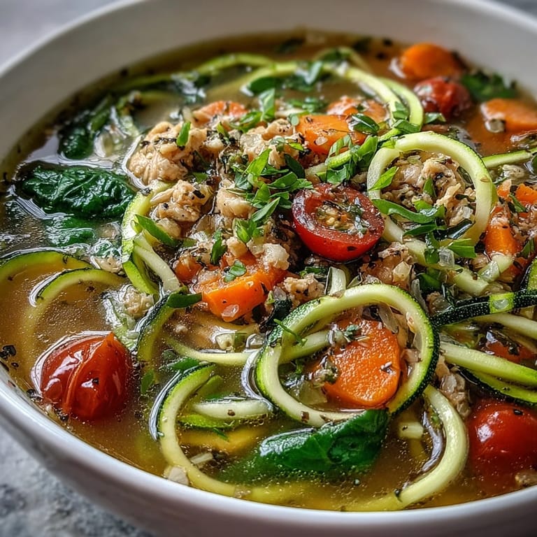 Healthy turkey and veggie zucchini noodle soup, featuring lean ground turkey, colorful carrots, celery, and zucchini noodles for a light, nourishing meal.