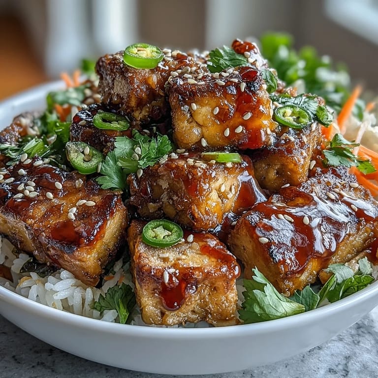 Plant-based banh mi bowls featuring golden crispy tofu, quick pickled vegetables, and spicy vegan sriracha mayo.
