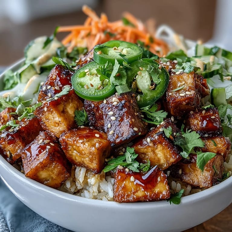 Crispy tofu cubes served over jasmine rice with tangy pickled veggies and fresh cilantro in a banh mi bowl.