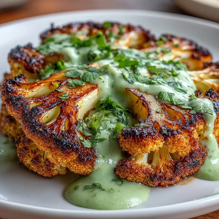 Vibrant low-carb cauliflower steaks with smoky chili-lime seasoning, served with rich avocado crema for a satisfying vegetarian main dish.  