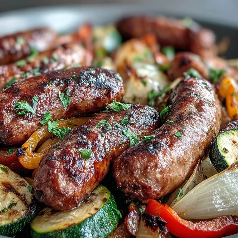 One-pan Italian sausage and vegetable bake with onions and herbs, perfect for easy weeknight meals.