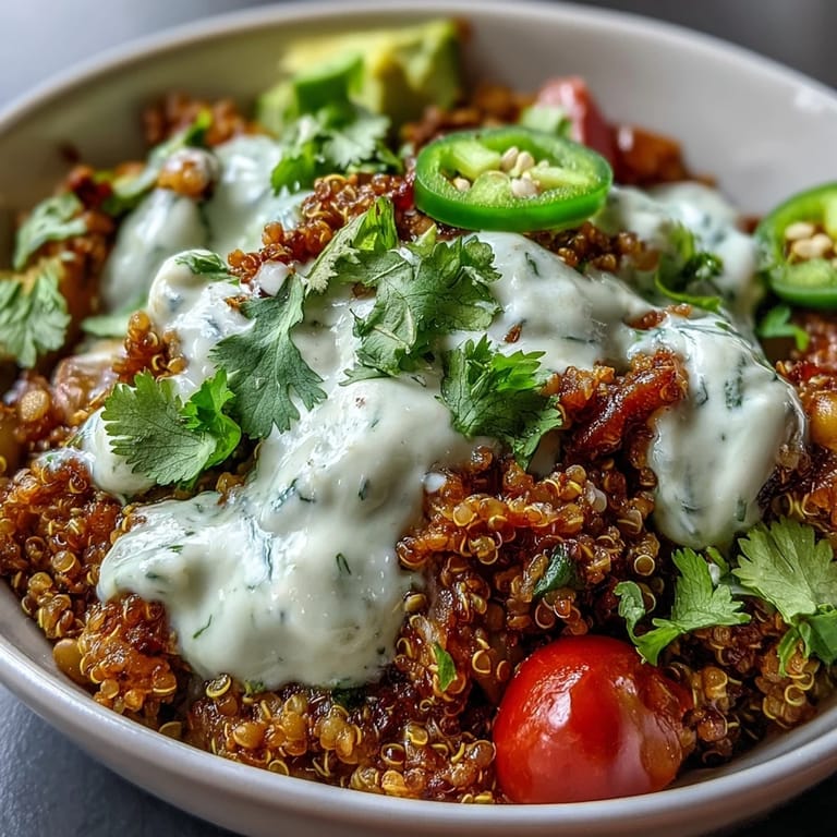 Mexican-inspired lentil-quinoa taco bowls served with zesty avocado lime crema, jalapeño slices, and lime wedges for a hearty plant-based meal.