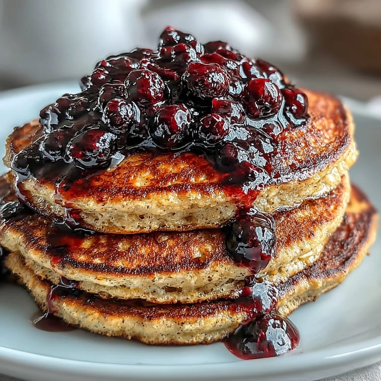 Golden-brown pancakes made with Greek yogurt and whole grains, served with a naturally sweet blueberry compote for a nutritious brunch.