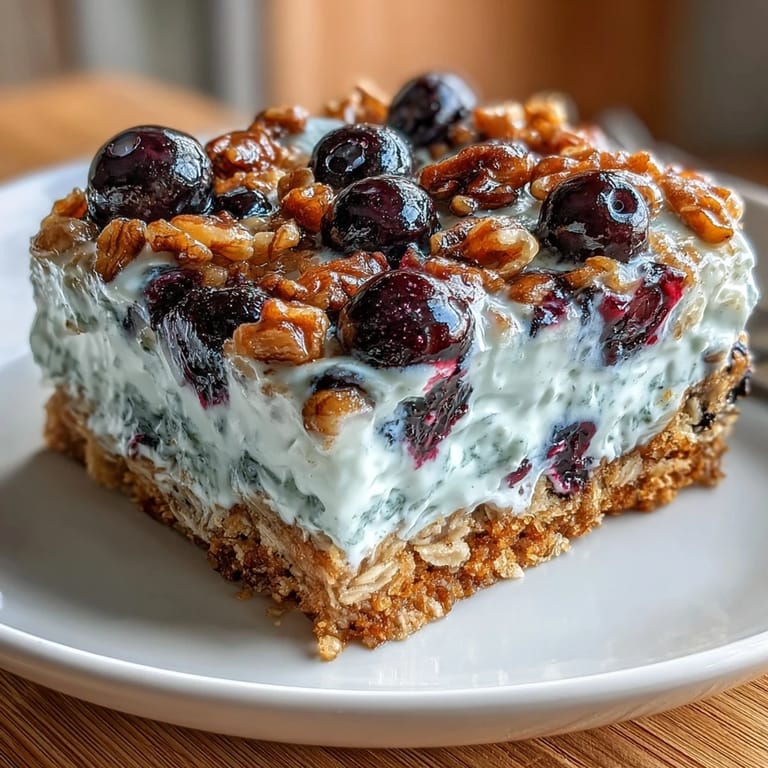 Wholesome blueberry oatmeal bake with a marbled Greek yogurt topping, baked golden and ready for a nutritious breakfast.  