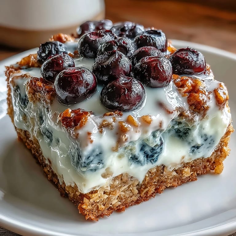Easy blueberry oatmeal breakfast bake featuring a sweet Greek yogurt swirl, perfect for a clean eating start to the day.
