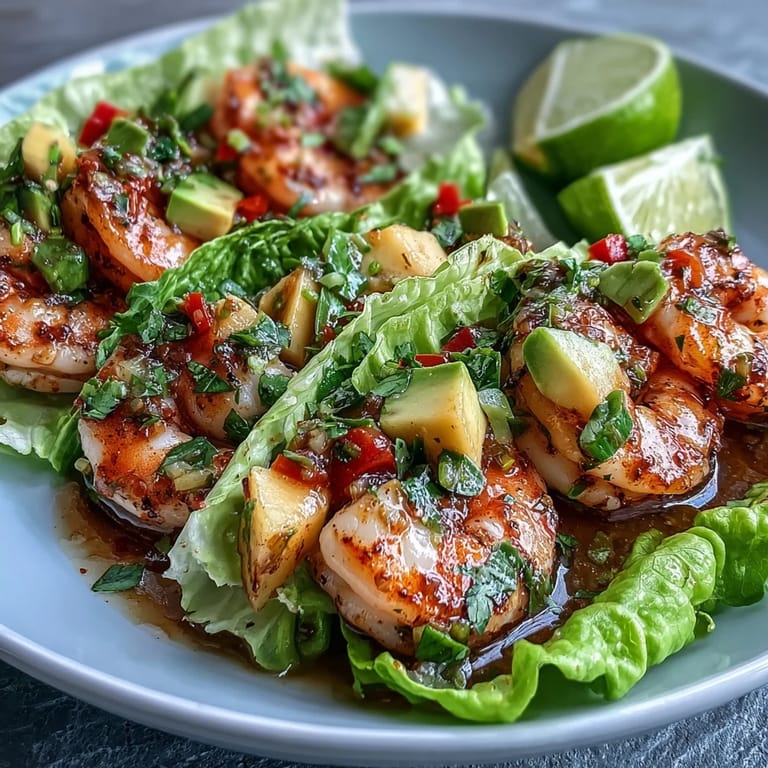 Fresh mango salsa shrimp tacos served in lettuce cups, garnished with avocado and lime, perfect for a gluten-free and low-carb dinner.