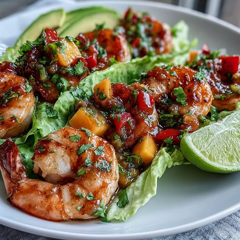 Vibrant shrimp tacos featuring a zesty mango salsa and creamy avocado, wrapped in tender lettuce leaves for a light and refreshing dish.