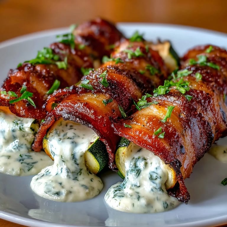 Cheesy stuffed zucchini halves wrapped in savory bacon, baked until golden and tender—perfect for low-carb dinners.  