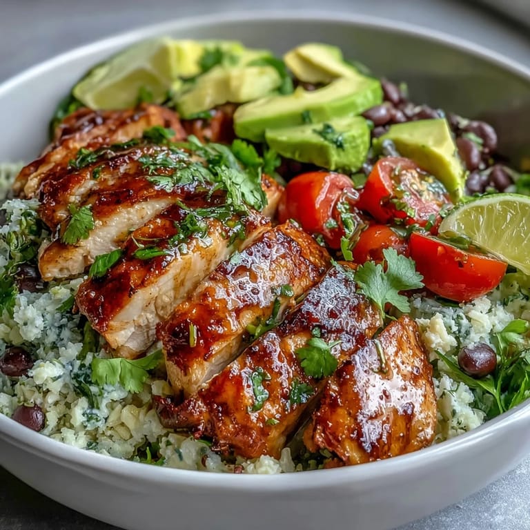 Low-calorie burrito bowl featuring zesty cilantro-lime cauliflower rice, seasoned chicken breast, cherry tomatoes, and creamy avocado slices.  