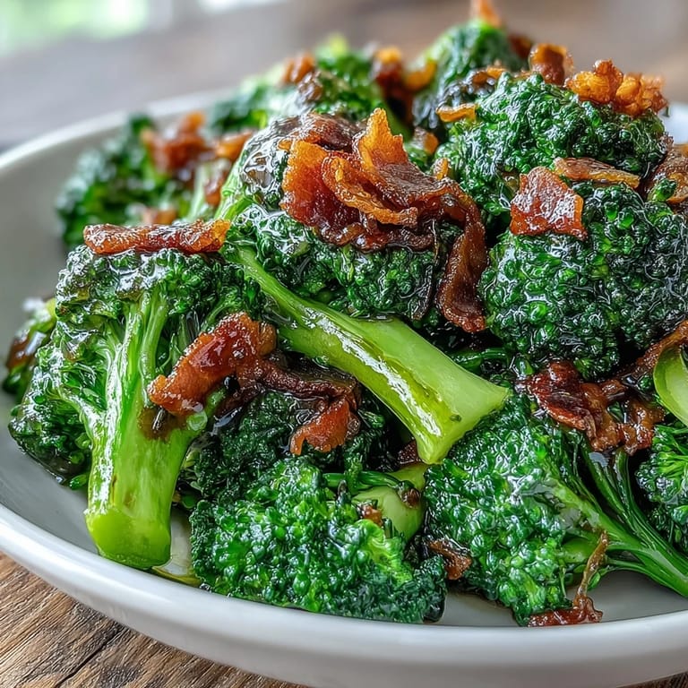 Aromatic garlic sauce coats fresh broccoli and smoky bacon, creating a flavorful and easy low-calorie side dish.  