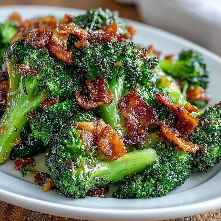 Bright green broccoli in a glossy garlic sauce, garnished with crunchy bacon for a satisfying, budget-friendly vegetable dish.