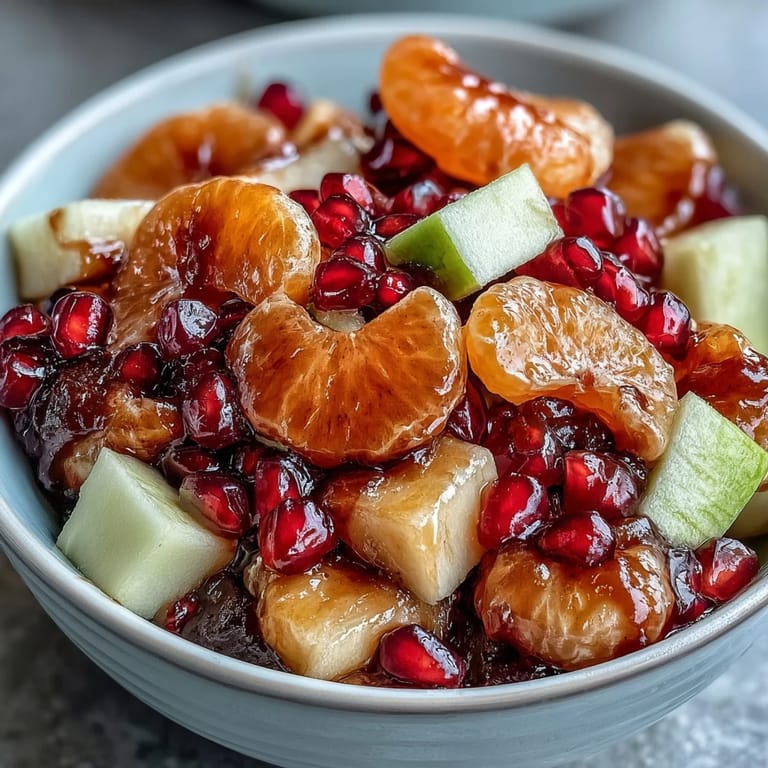 Crisp Fuji apples, juicy mandarin segments, and ruby pomegranate arils tossed in a fragrant cinnamon vanilla dressing for a festive holiday side.