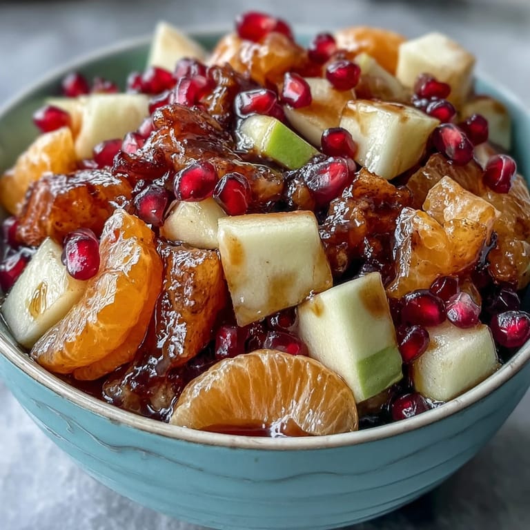 Colorful winter fruit salad featuring seasonal produce and a spiced vanilla bean dressing, perfect for potlucks and holiday gatherings.