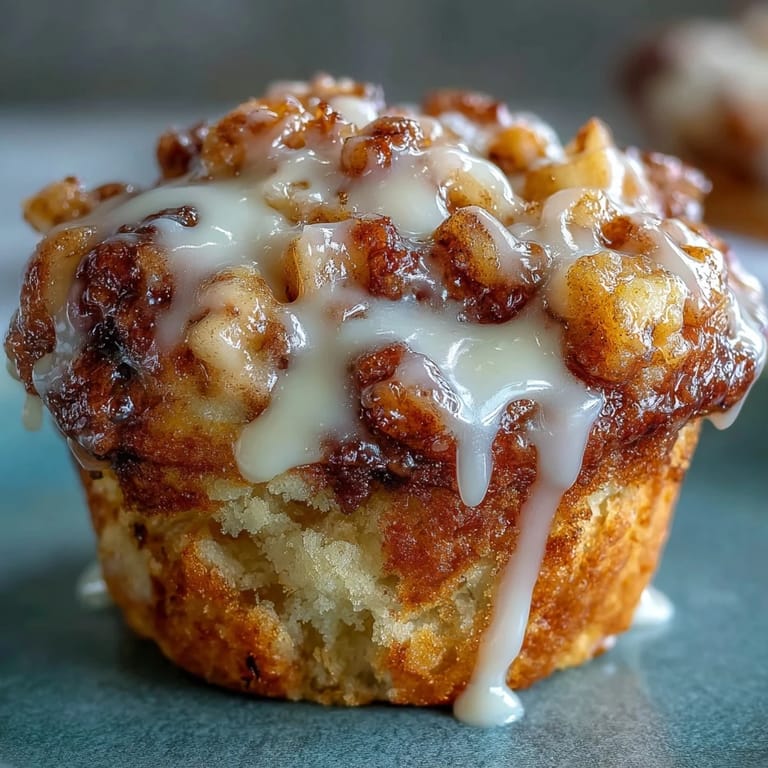 Golden-brown apple fritter muffins bursting with fresh apple pieces, dusted with cinnamon and finished with a glossy glaze.
