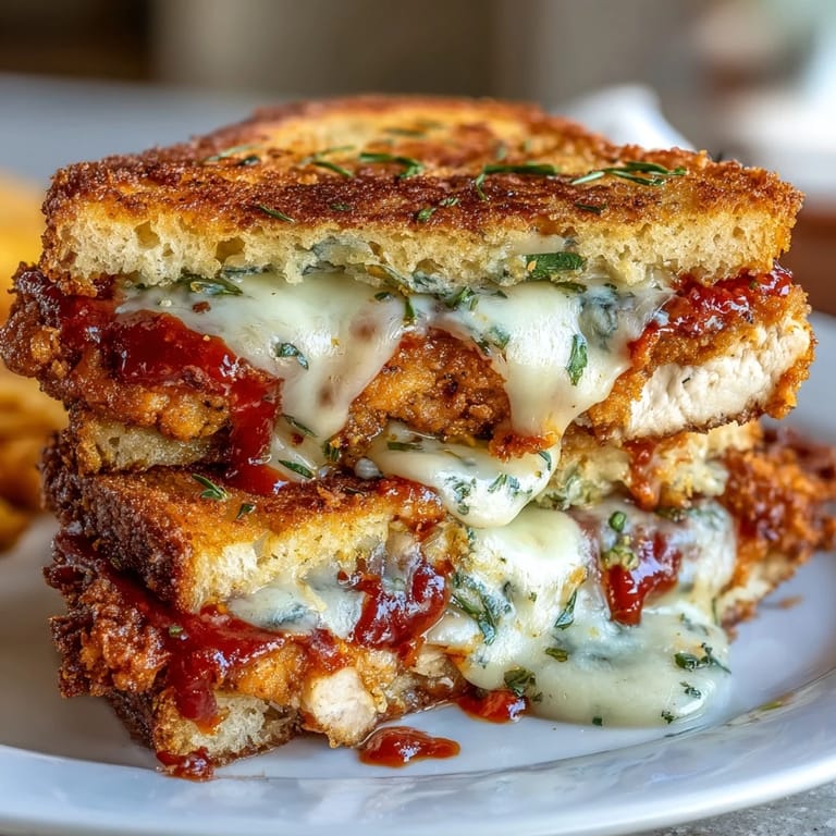Flavorful vodka sauce chicken Parmesan sandwich with crunchy breaded chicken, melted cheese, and fresh basil on warm toasted bread.