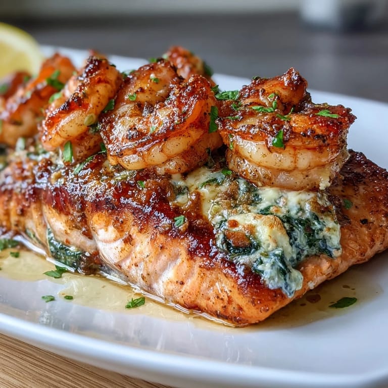 Succulent salmon pockets filled with crab, shrimp, and Boursin cheese, topped with lemon-butter seasoned shrimp.  