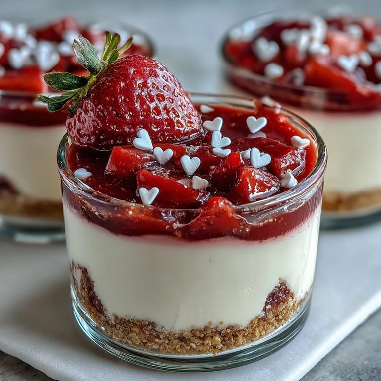Creamy cheesecake filling layered with sweet strawberries in individual cups, an easy make-ahead treat for your Valentine celebration.  