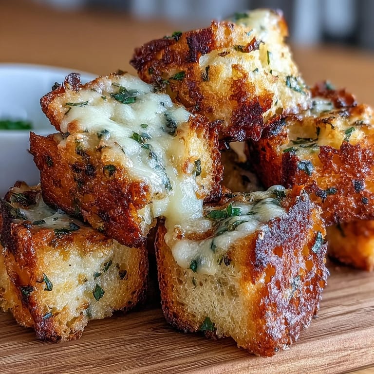 Crunchy sourdough bread cubes seasoned with garlic and herbs, perfect garnish for hearty French onion soup bowls.