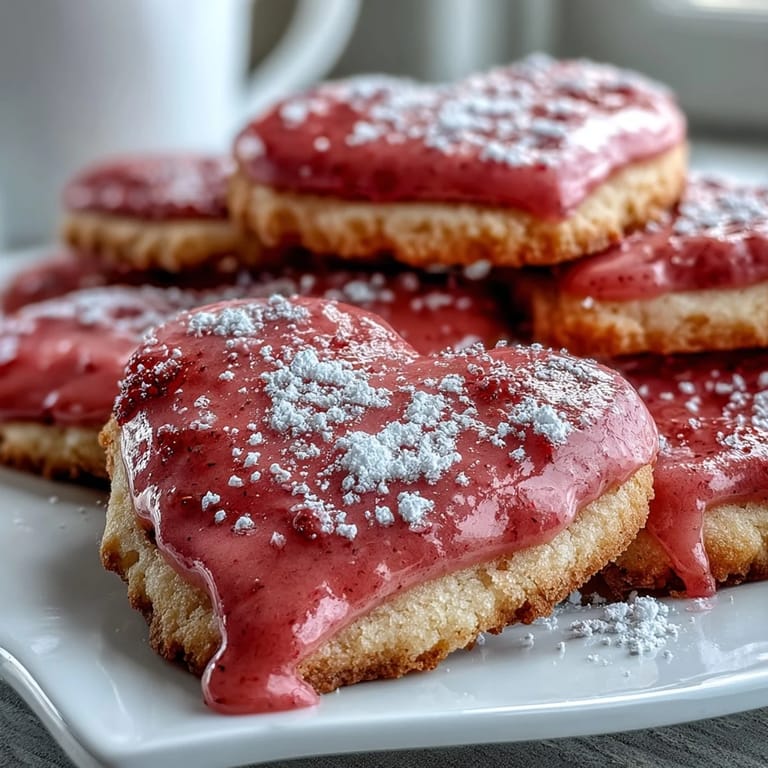 Tender homemade sugar cookies decorated with sweet strawberry icing, perfect for sharing with loved ones.