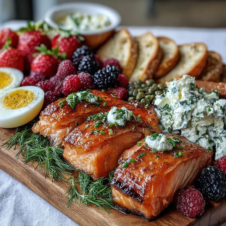 A festive Galentines brunch platter showcasing sliced bagels, lox, hard-boiled eggs, and fresh berries, perfect for a joyful gathering.