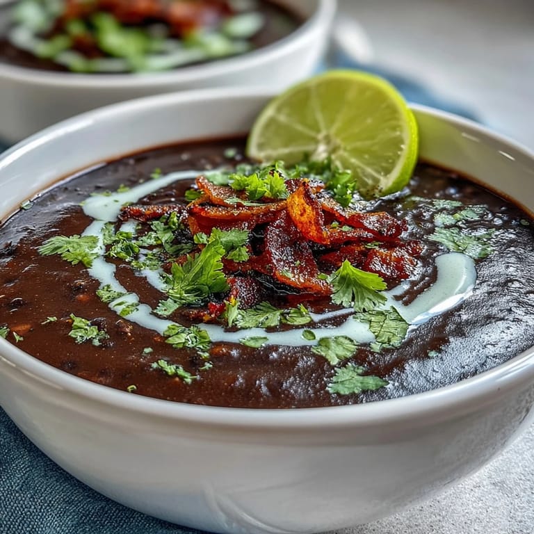 Velvety black bean soup garnished with bacon and lime crema, perfect for a hearty and flavorful meal.