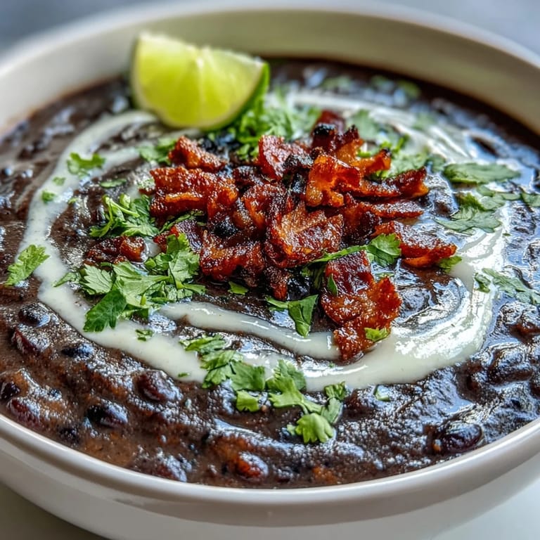 A rich, smoky black bean soup topped with crunchy bacon bits and a tangy lime crema swirl.  
