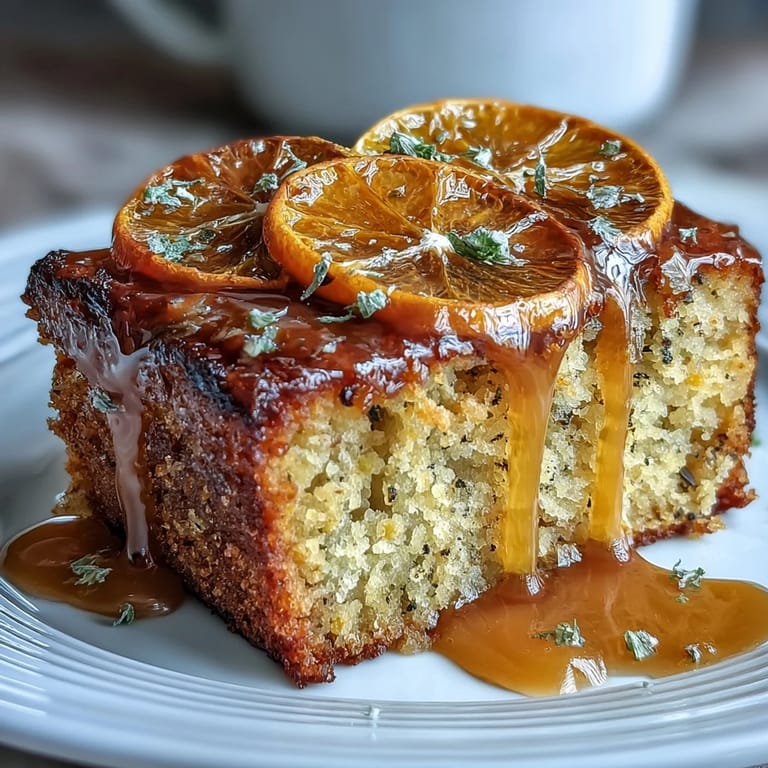 Fragrant olive oil cake baked with homemade candied oranges, finished with a tangy citrus glaze for a Mediterranean treat.  