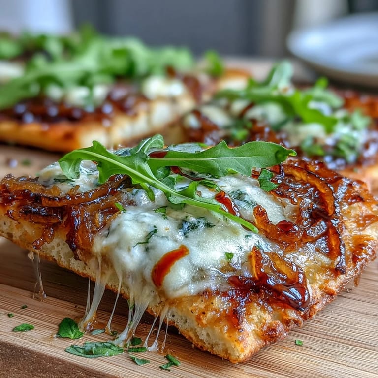 Gourmet flatbread pizza featuring golden caramelized onions, rich cheeses, and peppery arugula, finished with a balsamic glaze drizzle for bold flavor.  