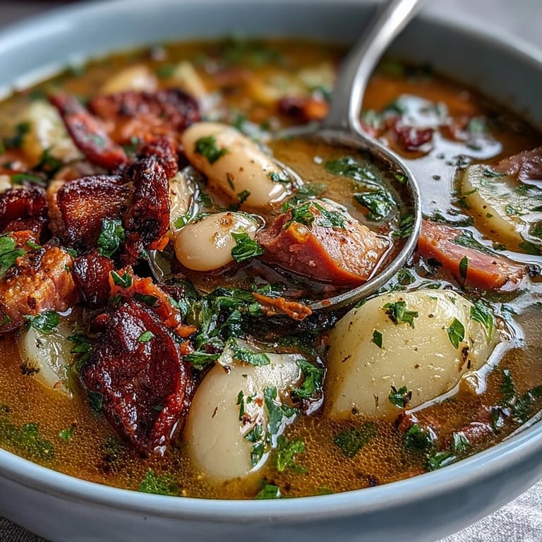 Hearty and rustic, this bean soup with smoked ham and potatoes is loaded with tender vegetables and savory broth.  