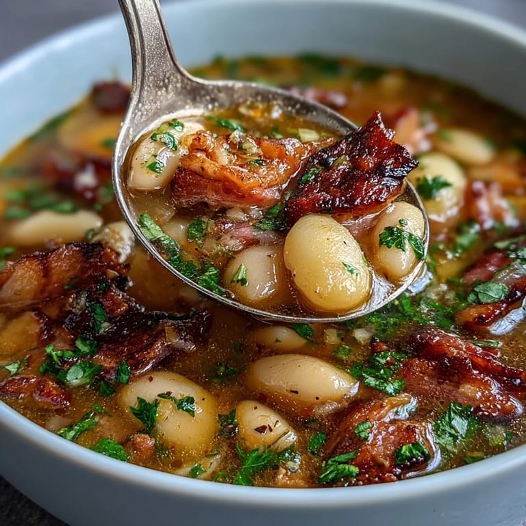 Warm and satisfying, a comforting bowl of bean soup with smoked ham and potatoes, garnished with fresh parsley.