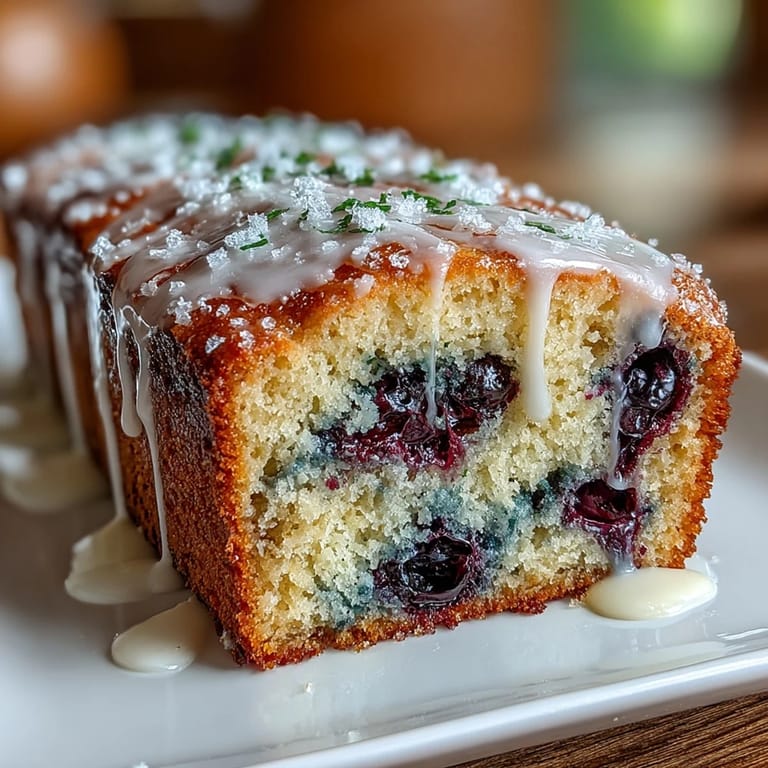 A beautifully baked lemon loaf studded with juicy blueberries, drizzled with a tangy lemon glaze, perfect for baby showers and afternoon tea gatherings.